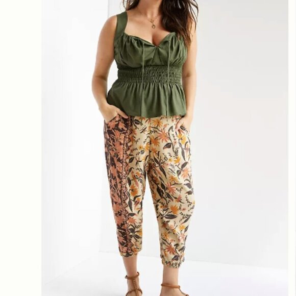 Anthropologie Smocked Balloon Leg Neutral Floral Mixed Print Pants - Picture 1 of 9